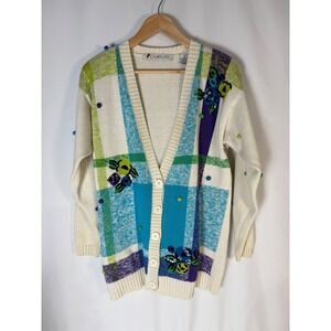 VTG Chaus Sport Cardigan Sweater Cream Multi Color Plaid Floral Size S Womens